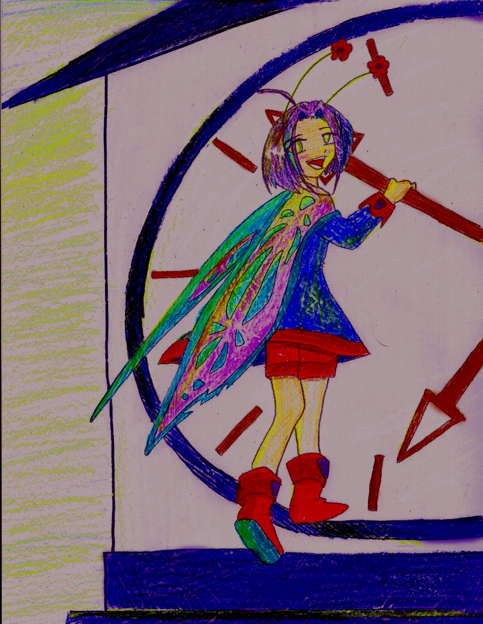 Drawing of anime fairy climbing the library clock tower. 