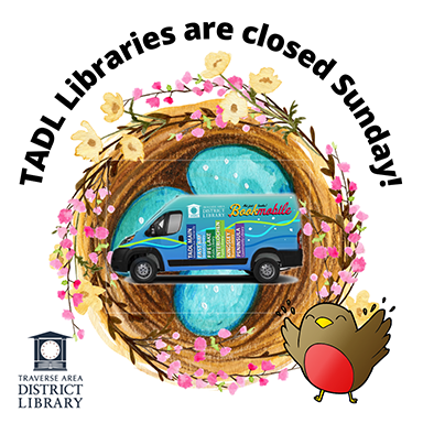 A robin's nest with blue eggs and the bookmobile, circled with flowers.