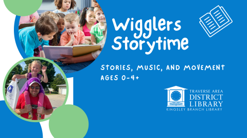 Image of children sitting with an adult reading them a book and a child riding holding a library book bag while sitting on an adult's shoulders. Text reads wigglers storytime for stories, music, and movement, for ages zero to four plus.