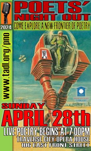 poster for Poets Night Out featuring a two legged spaceship walking across a planet's terrain